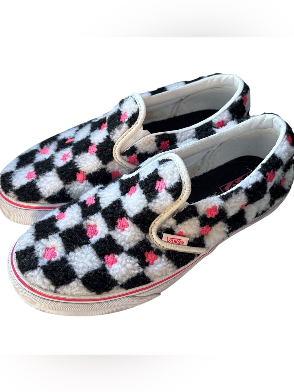 Vans Classic Slip on Sherpa Checkered with Embroidered Flowers Juniors 7